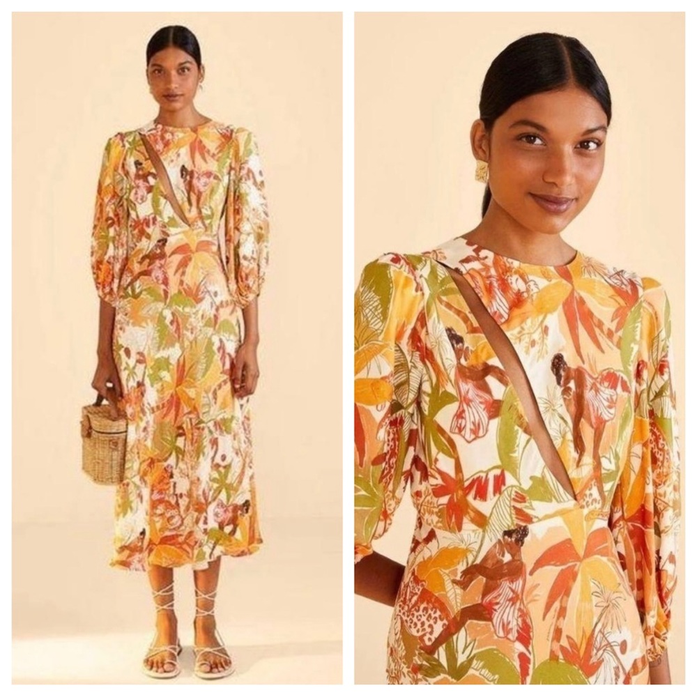 Farm Rio Leopard Forest Sand Dress Midi 3/4 Sleeves Cutout Tropical Printed